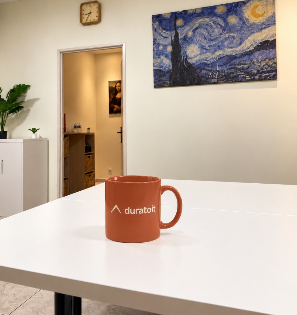 Mug Duratoit sur le bureau de l’agence à Vaugneray
