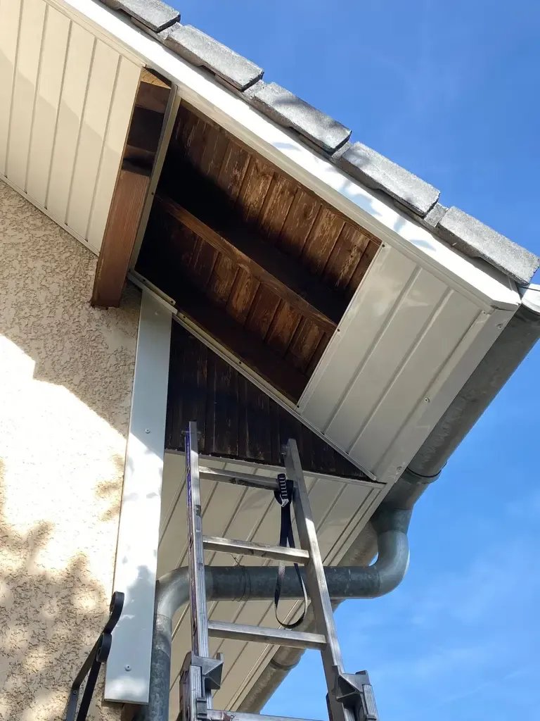 Pose de dessous de toit et gouttière en cours de chantier